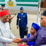Governor of Rivers State, His Excellency, Sir Siminalayi Fubara ( left) in a handshake with His Excellency, Vice President Kashim Shettima (right) on arrival at the Port Harcourt International Airport on Sunday, ahead of the Nigerian Army Day Celebration (NADCEL)2026 holding in Port Harcourt.
