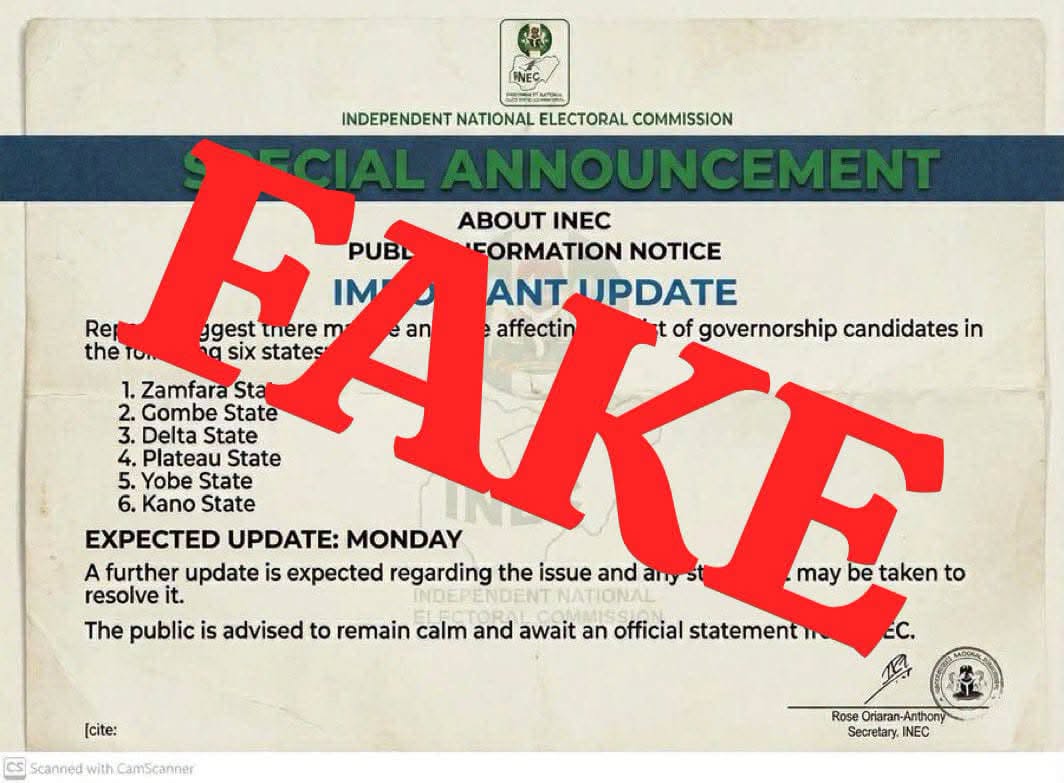 INEC debunks fake governorship candidates’ notice on six states